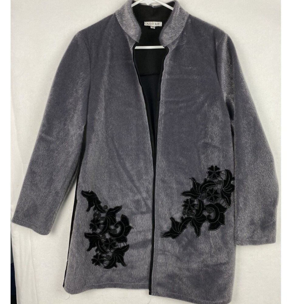 Adore Tokyo Gray Faux Fur Coat with Black Velvet Floral Appliqué